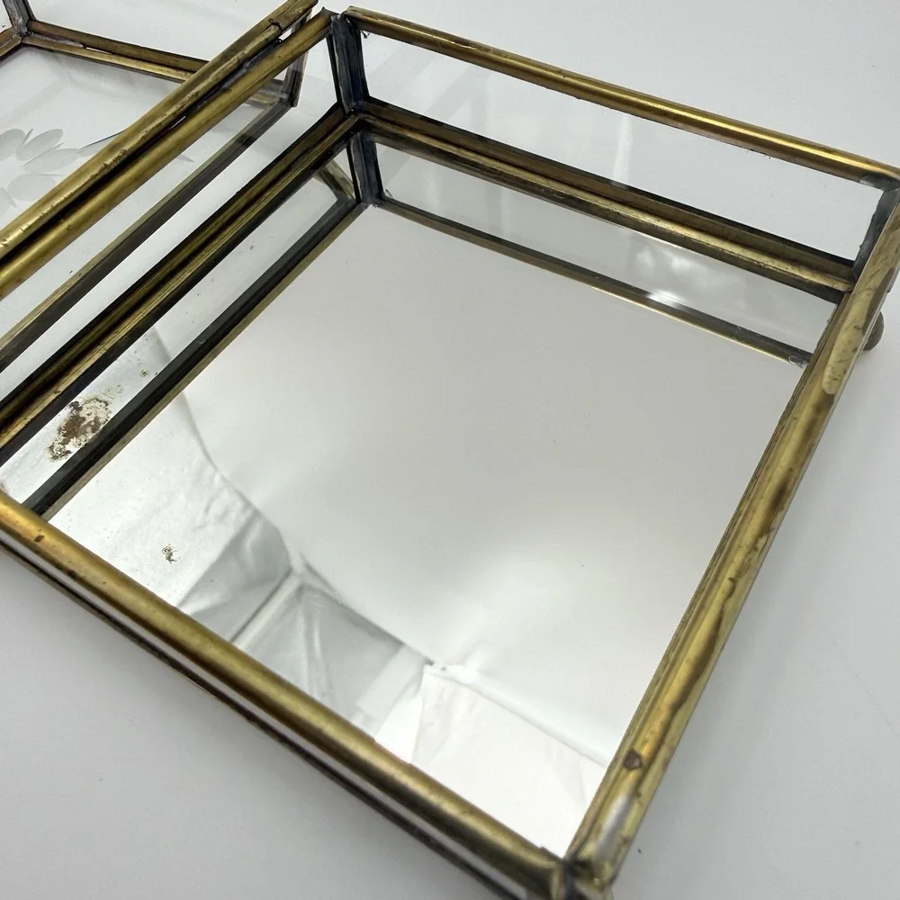 Mirrored Glass Jewelry Box Brass Trinket Etched Flower Lid Storage Display 4x4x2